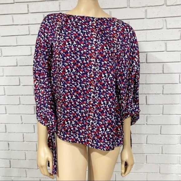 Derek Lam Silk Poppy Print Blouse Size 14 NWT – Raglan Tie‑Cuff Made in Italy - Picture 1 of 12